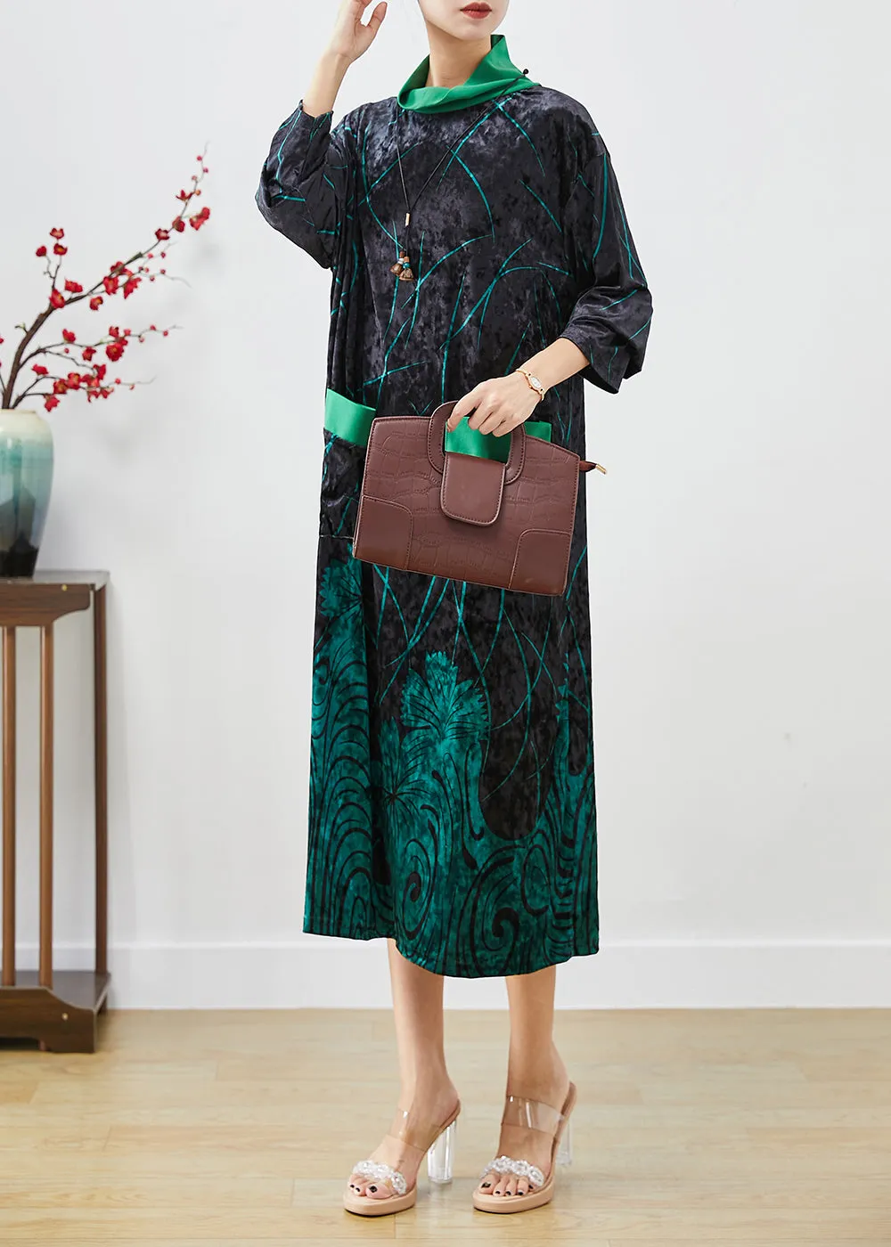 Green Print Silk Velour Maxi Dresses Turtle Neck Half Sleeve LY9834