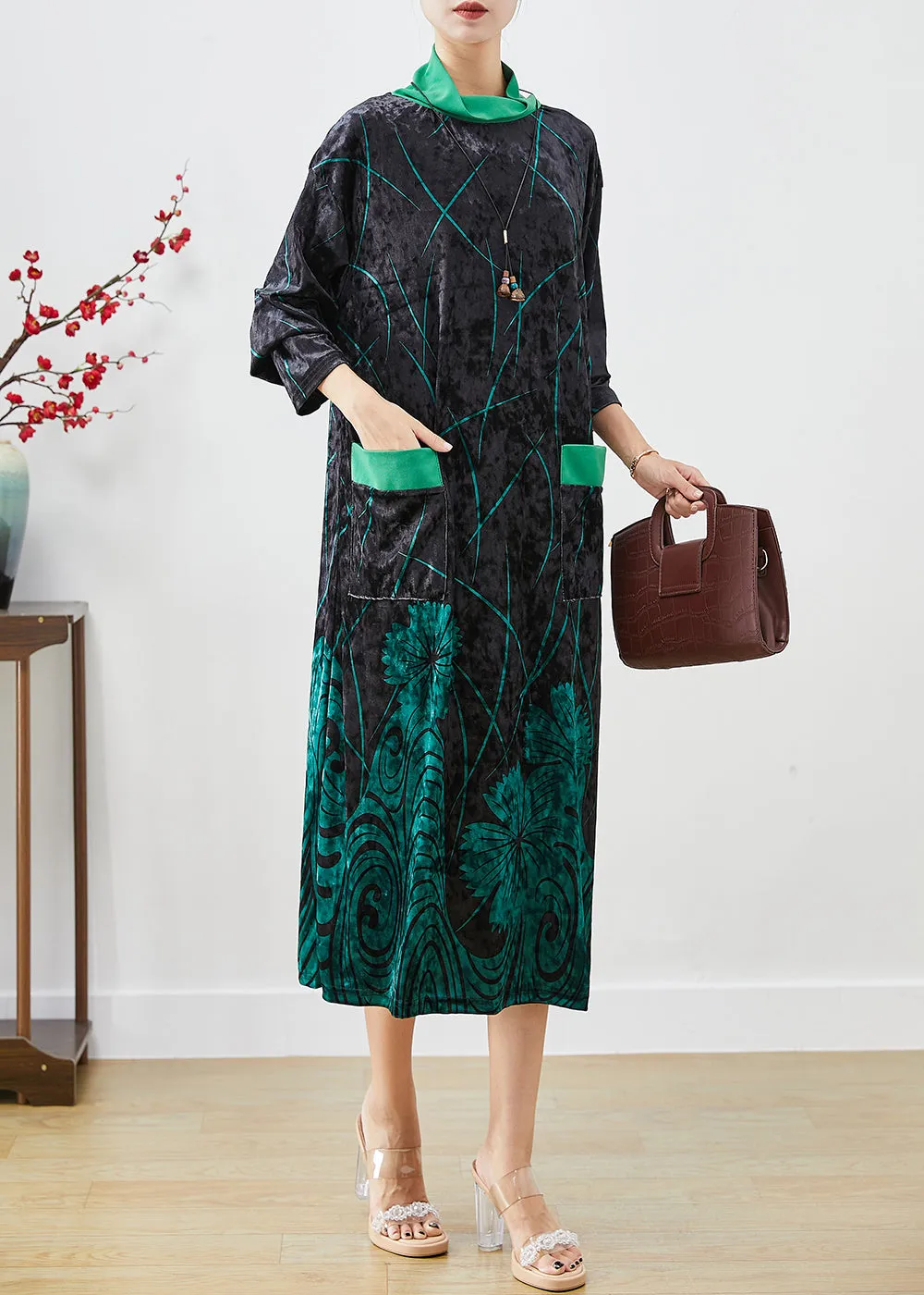 Green Print Silk Velour Maxi Dresses Turtle Neck Half Sleeve LY9834