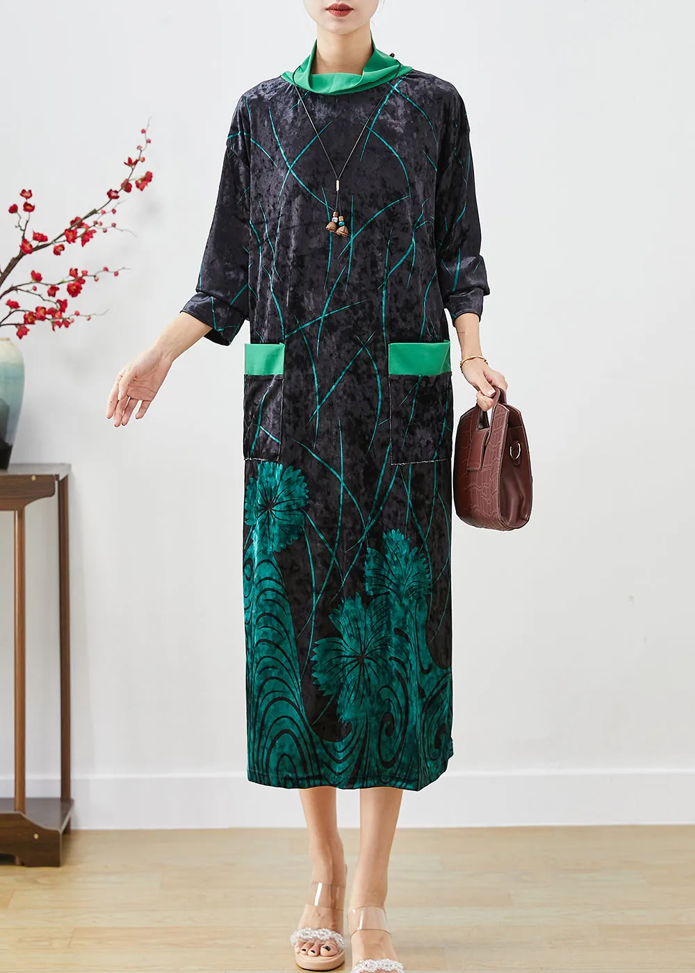 Green Print Silk Velour Maxi Dresses Turtle Neck Half Sleeve LY9834