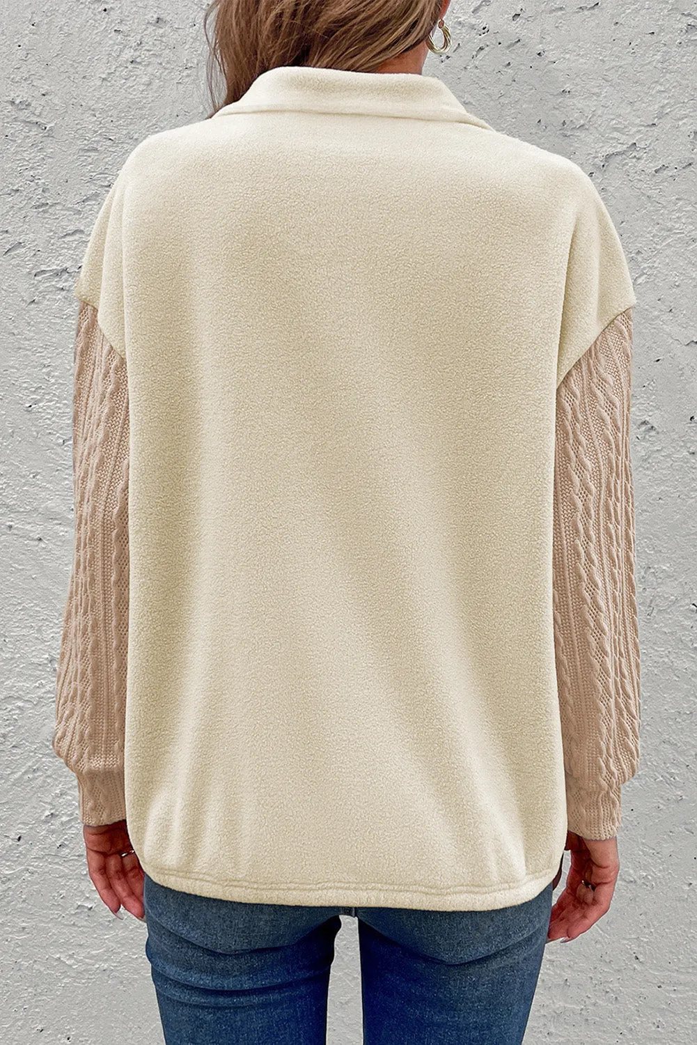 Half Zip Drop Shoulder Cable Knit Sweatshirt