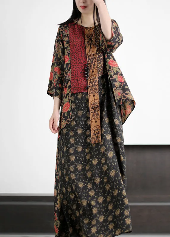 Handmade Black Asymmetrical Print Patchwork Silk Maxi Dresses Summer LY5127