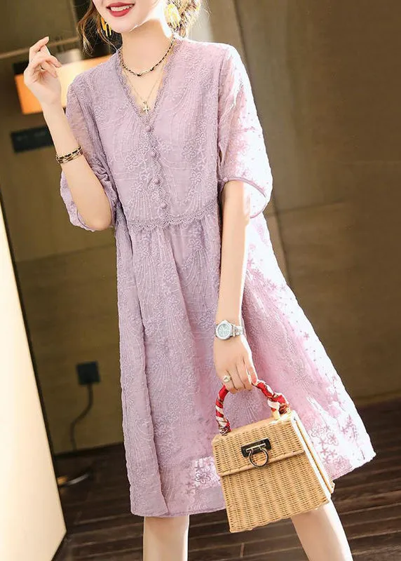 Handmade Light Purple V Neck Embroideried Lace Dresses Summer