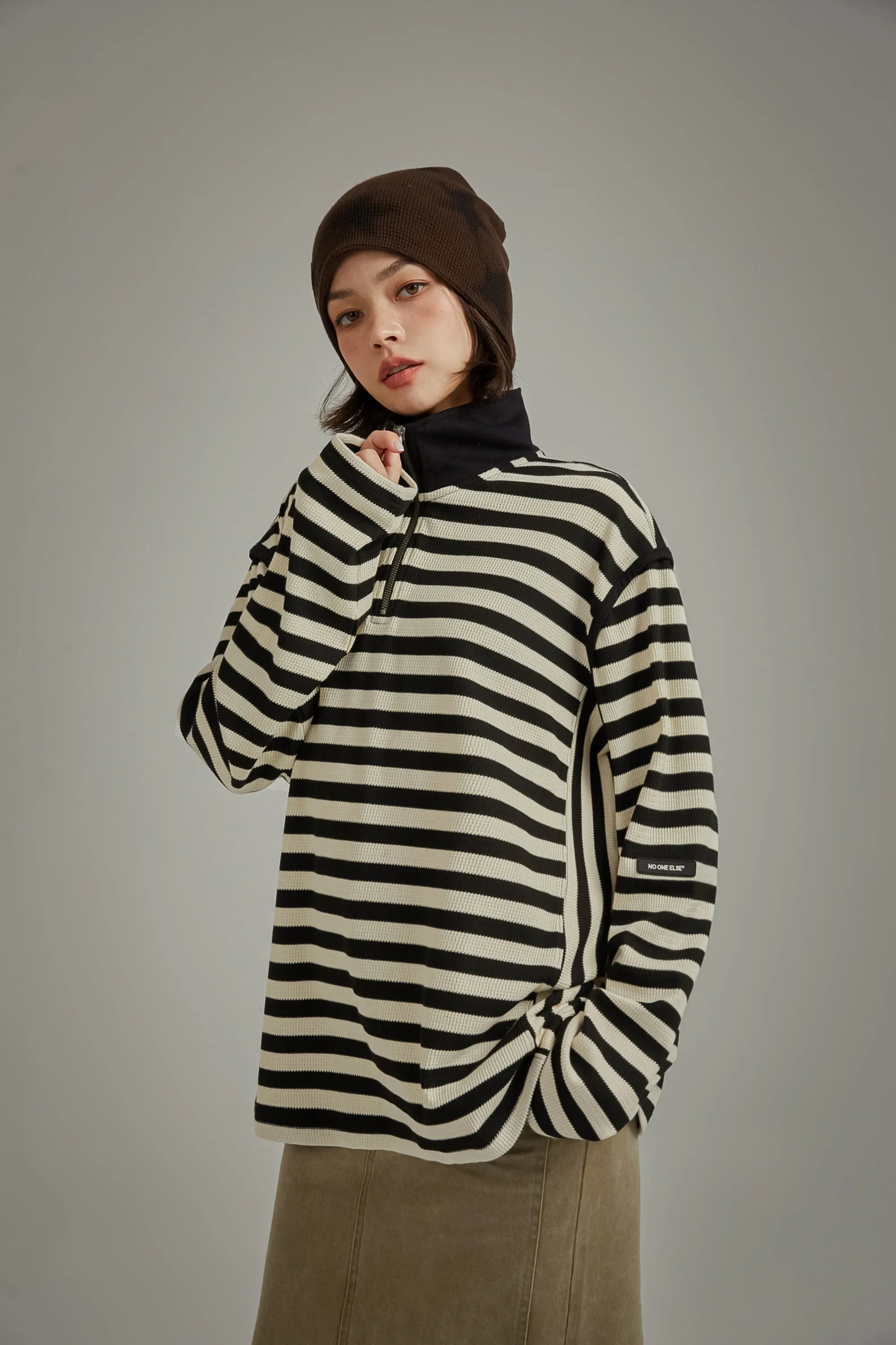 High Neck Half Zip Stripe Sweater