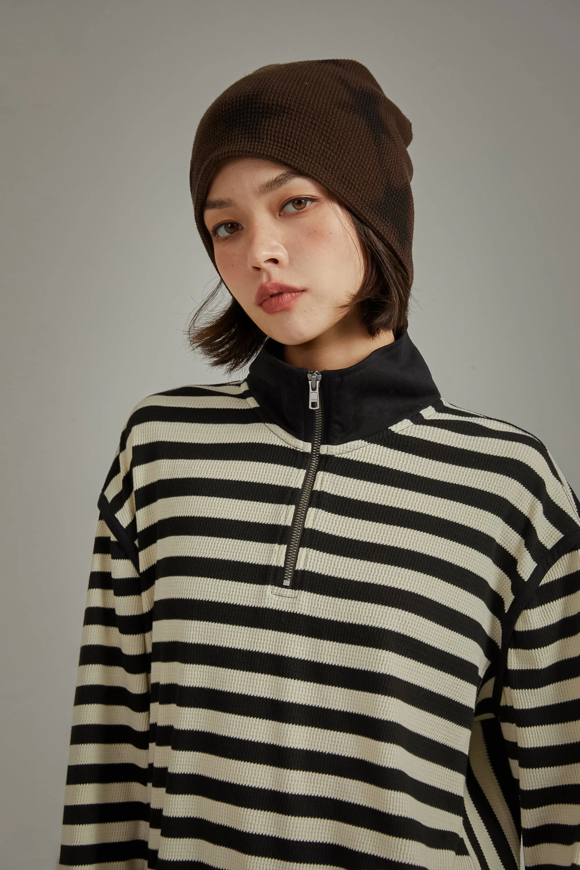 High Neck Half Zip Stripe Sweater