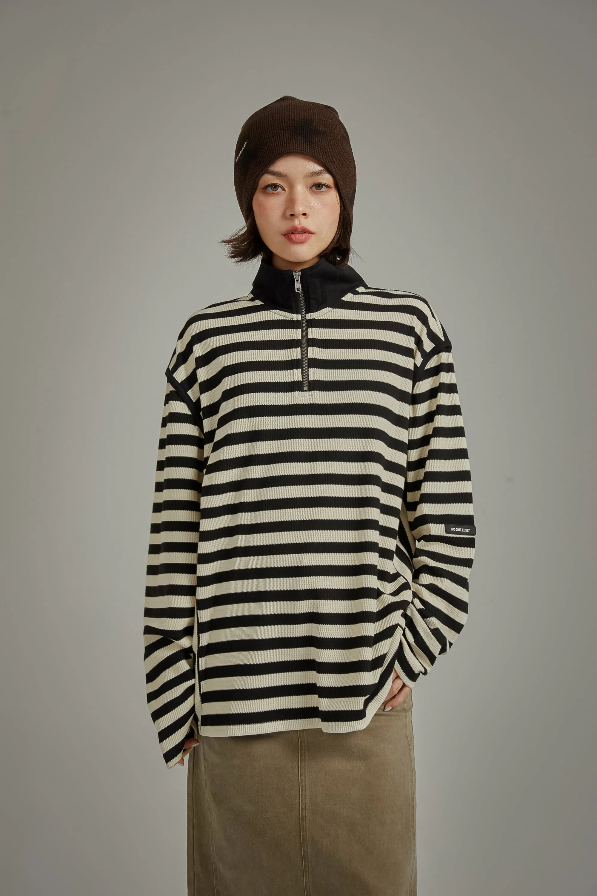 High Neck Half Zip Stripe Sweater