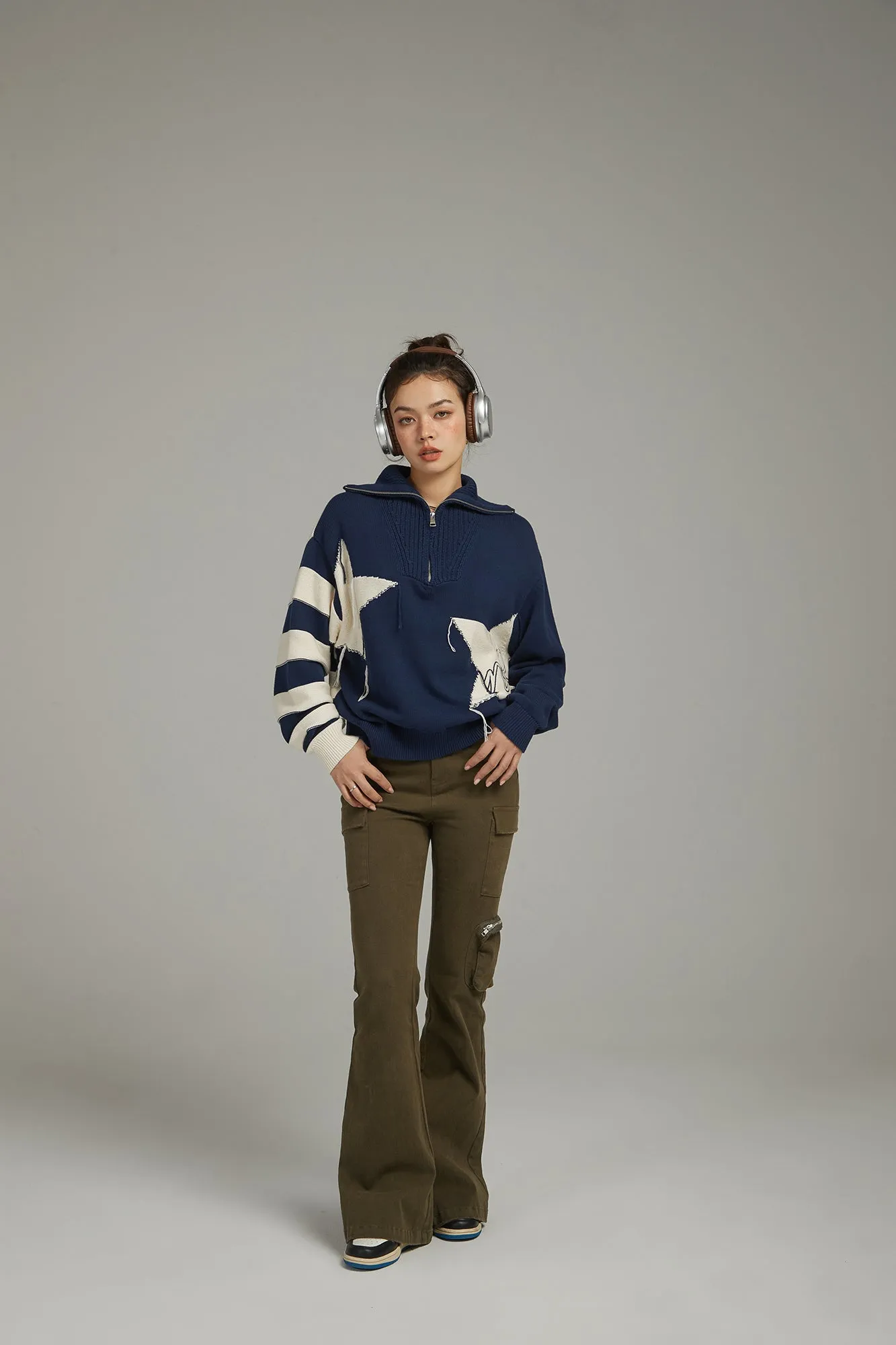 High Neck Half Zip-Up Star Knit Sweater