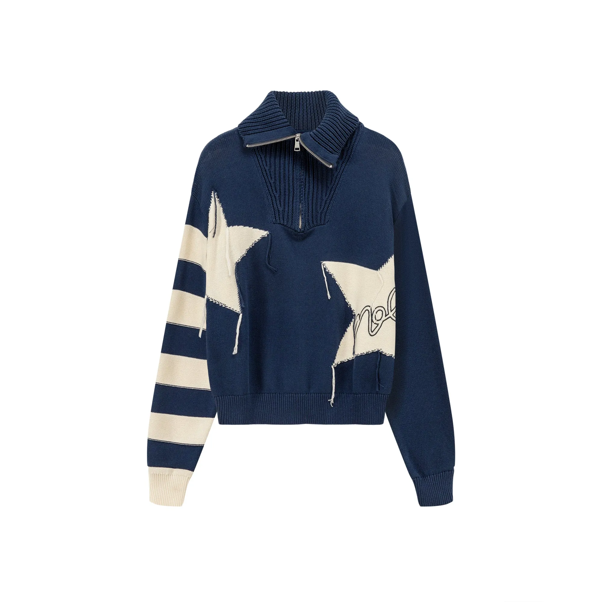 High Neck Half Zip-Up Star Knit Sweater