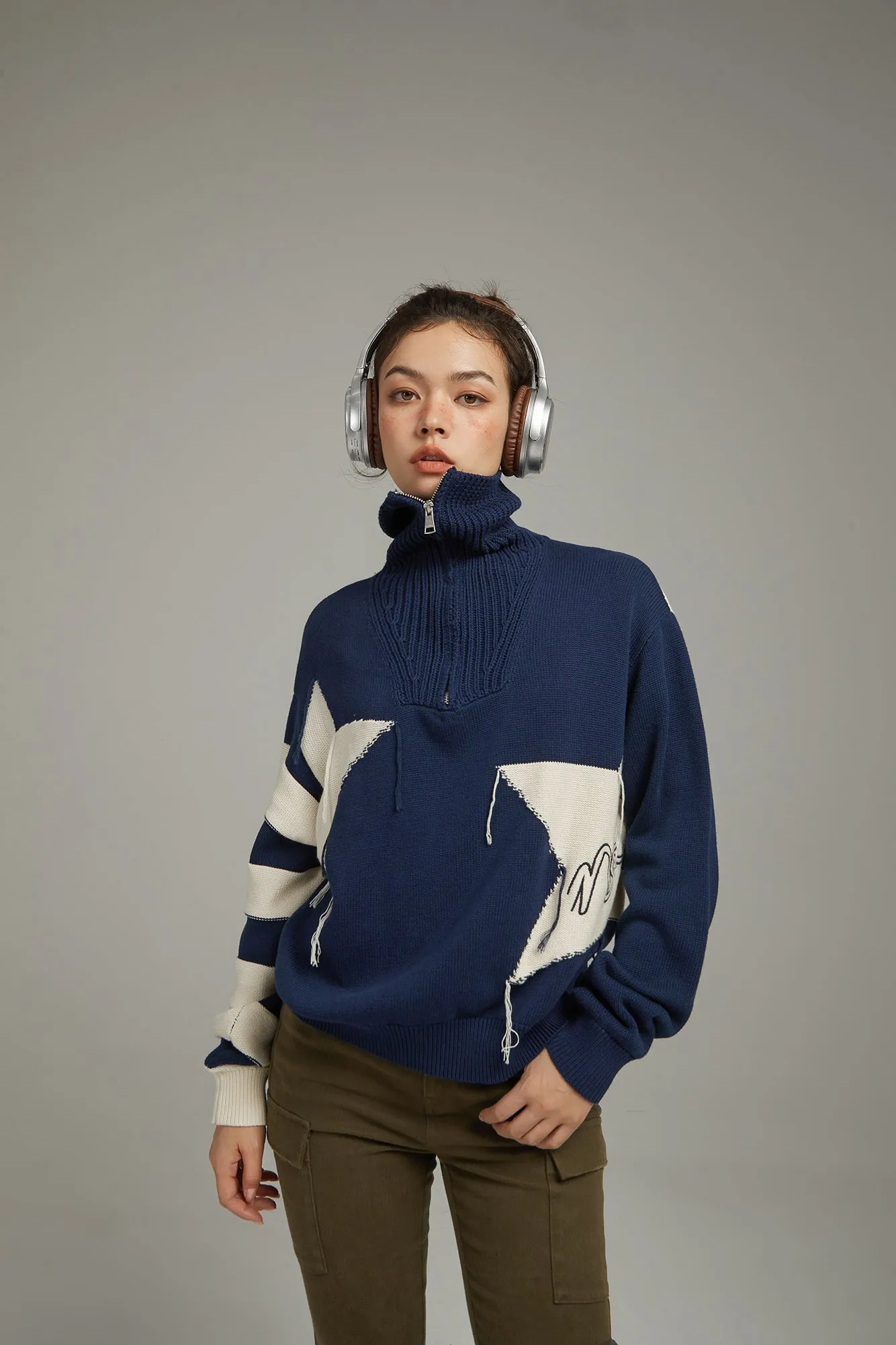 High Neck Half Zip-Up Star Knit Sweater