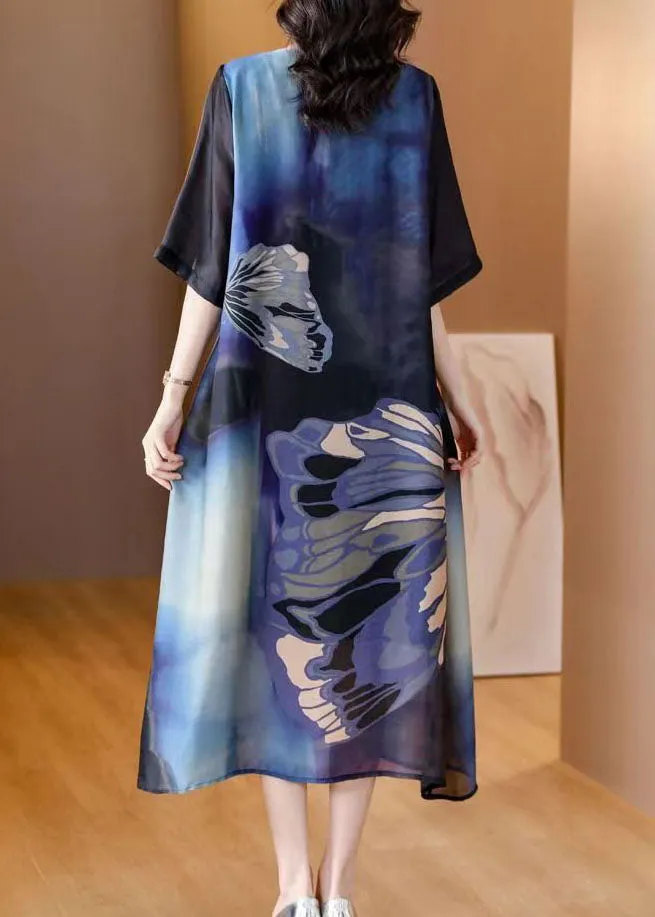 Italian Blue O Neck Print Patchwork Slim Silk Dresses Summer LY4484