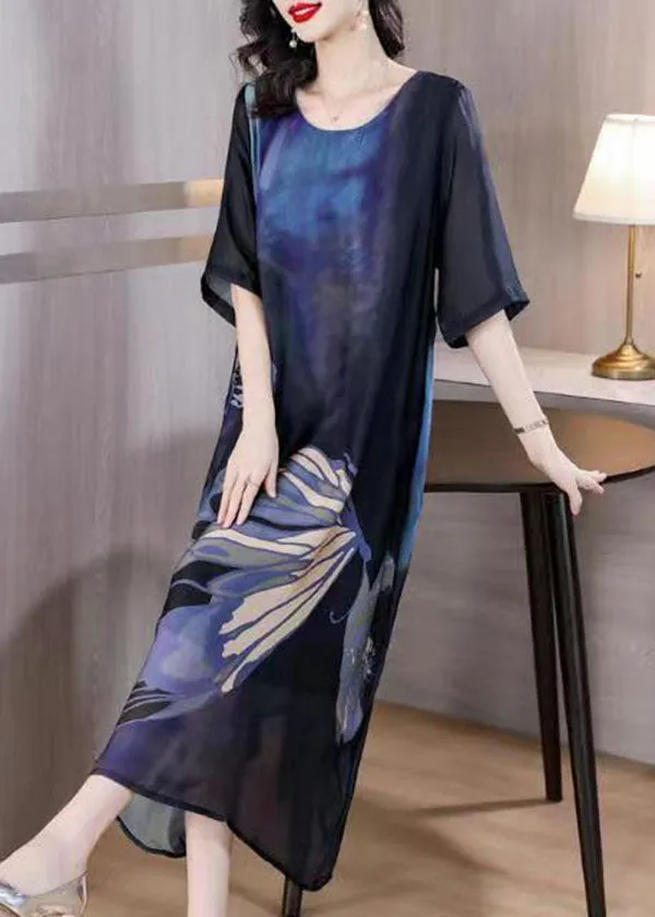 Italian Blue O Neck Print Patchwork Slim Silk Dresses Summer LY4484