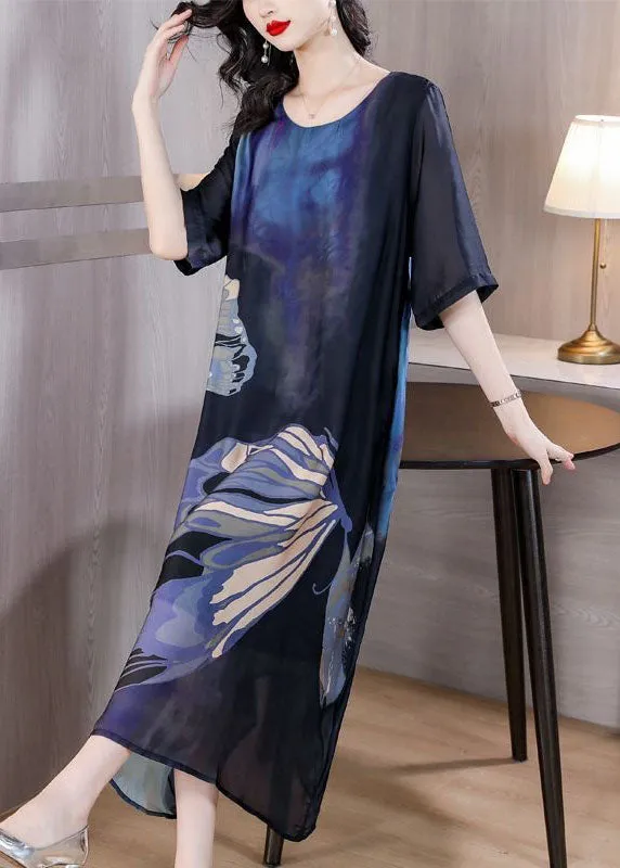 Italian Blue O Neck Print Patchwork Slim Silk Dresses Summer LY4484