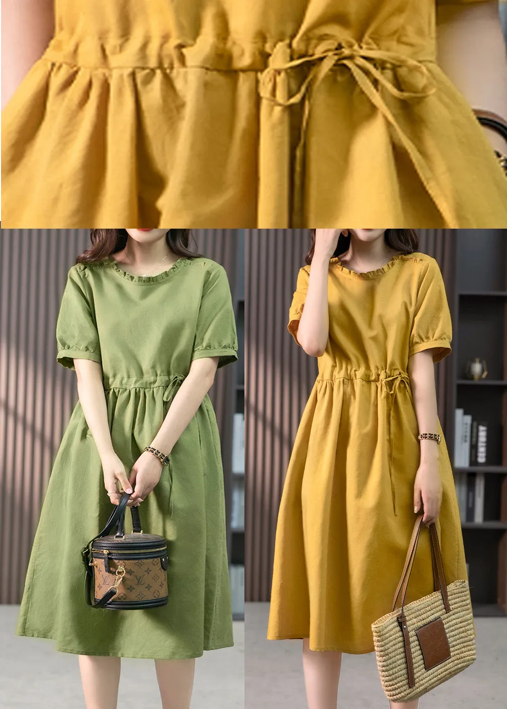 Italian Green Ruffled Solid Linen Long Dresses Summer LY1751