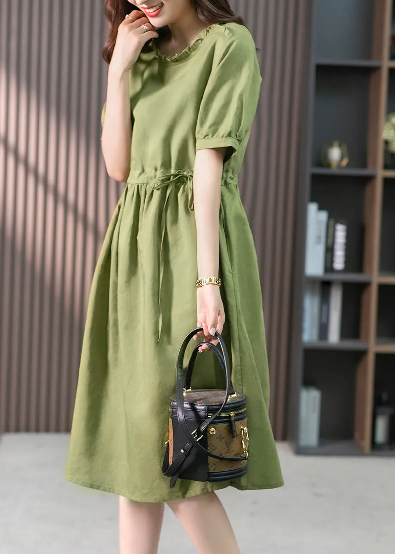 Italian Green Ruffled Solid Linen Long Dresses Summer LY1751