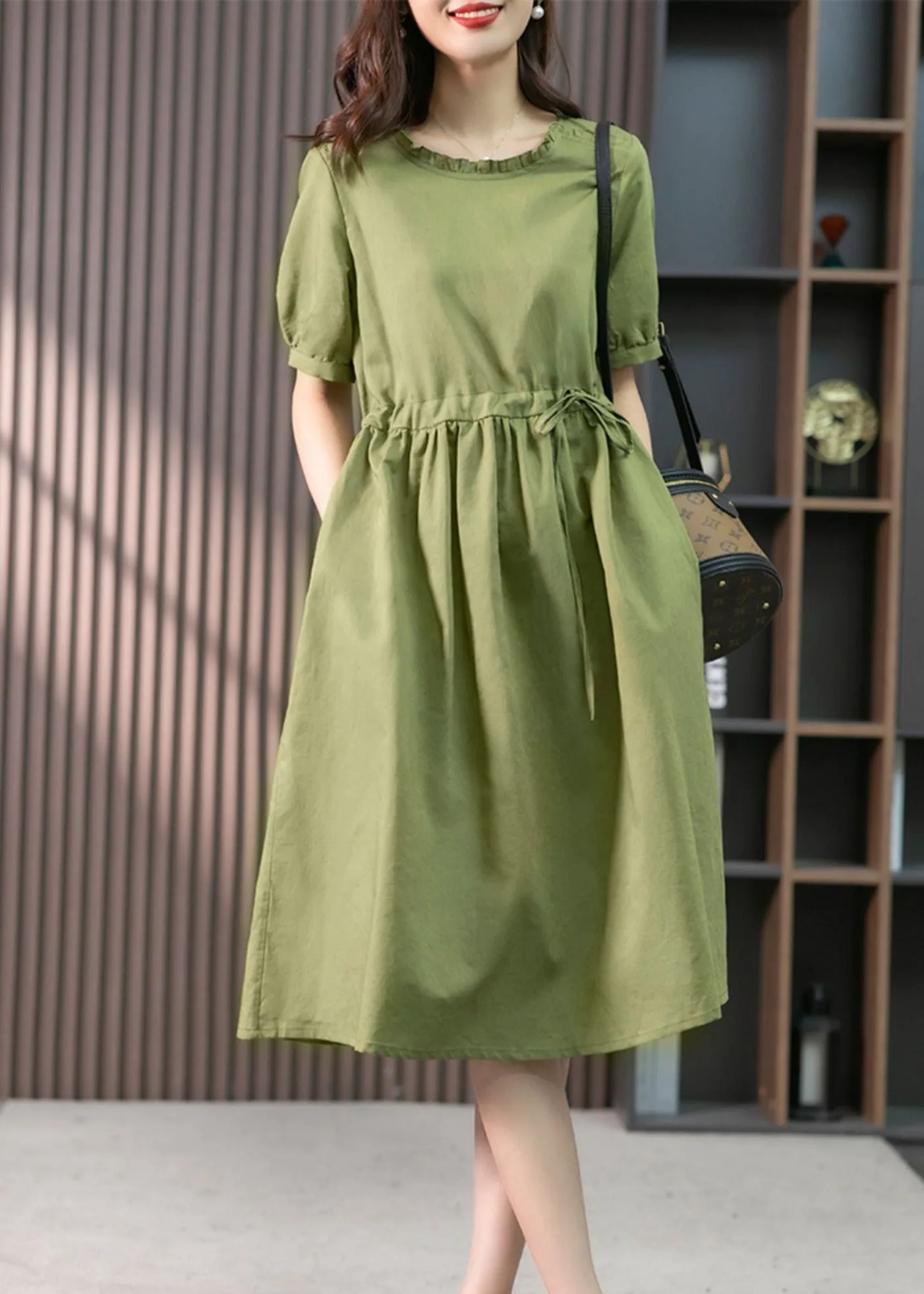 Italian Green Ruffled Solid Linen Long Dresses Summer LY1751