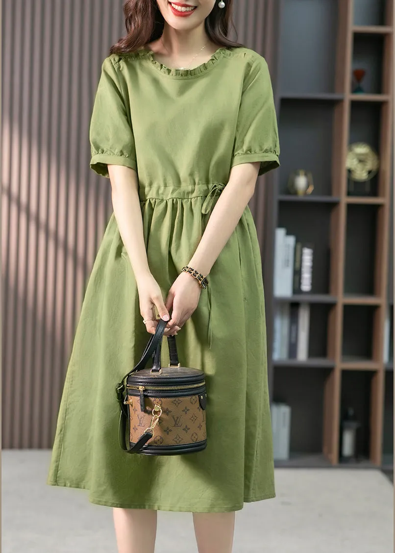 Italian Green Ruffled Solid Linen Long Dresses Summer LY1751