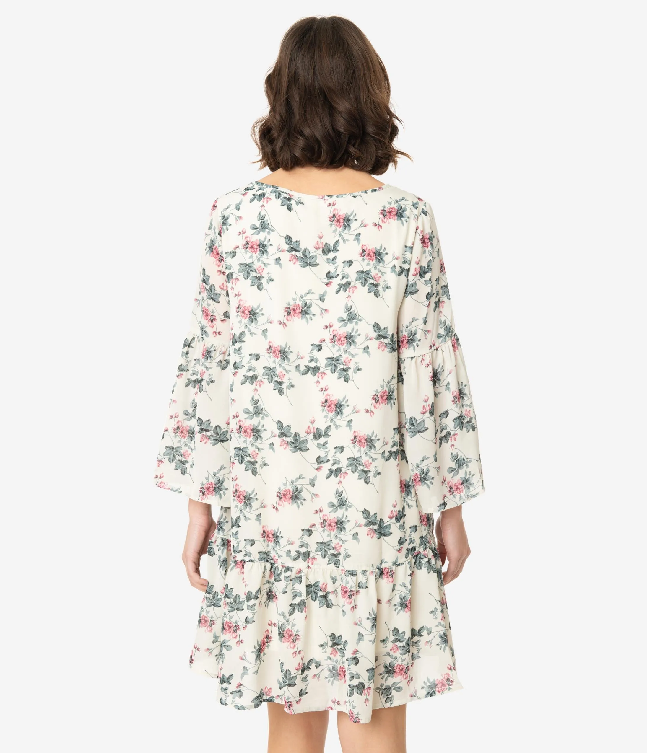 Ivory Floral Print Drop Waist Shift Dress