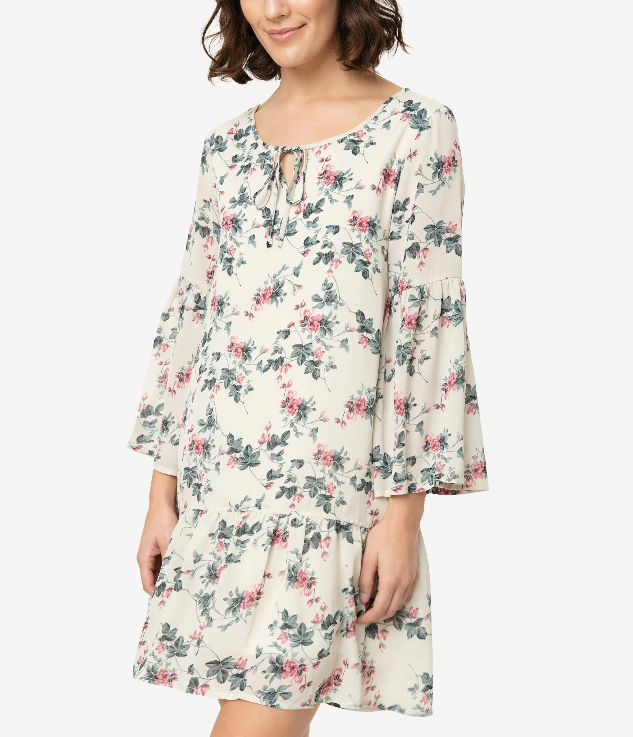 Ivory Floral Print Drop Waist Shift Dress