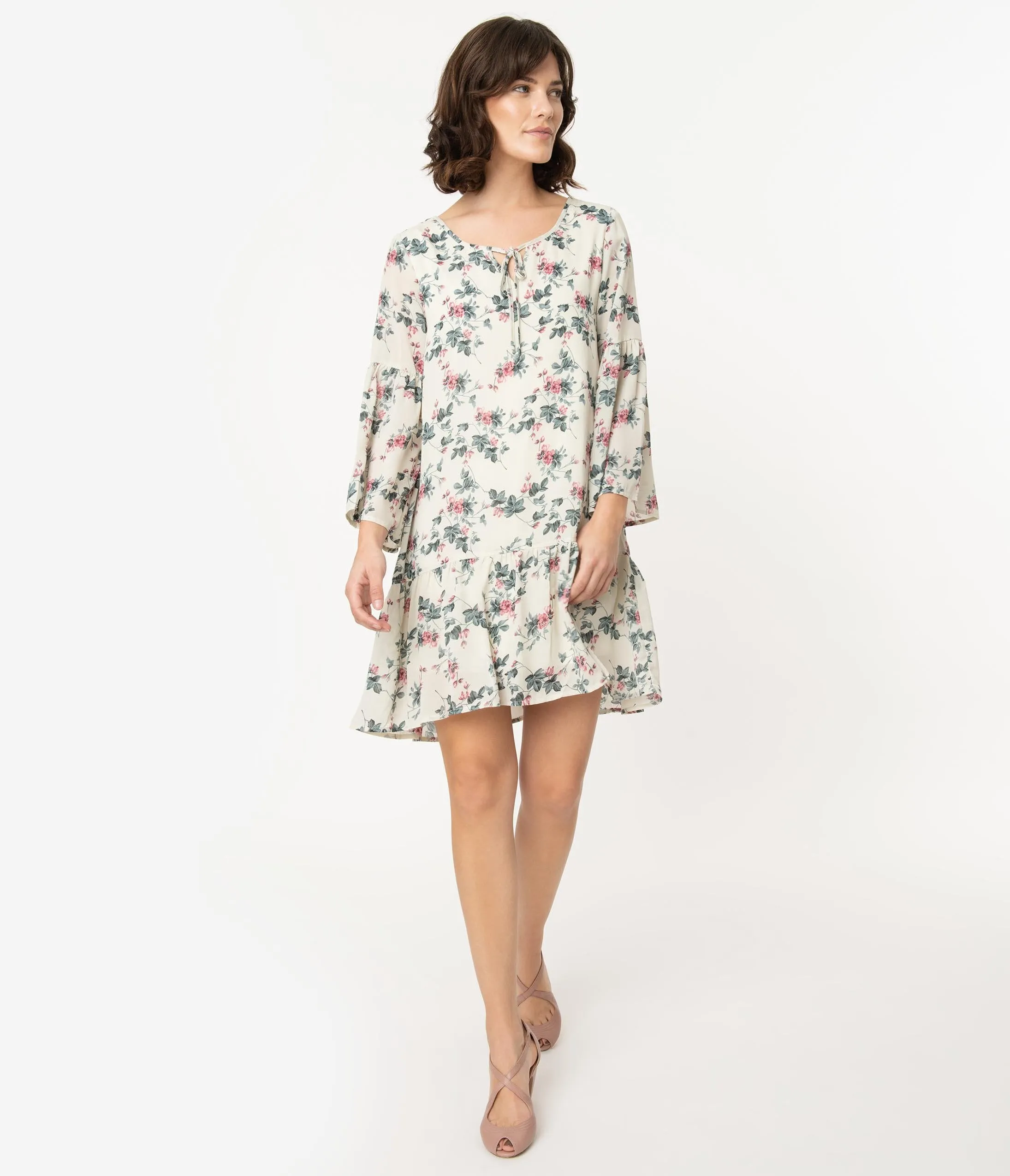 Ivory Floral Print Drop Waist Shift Dress