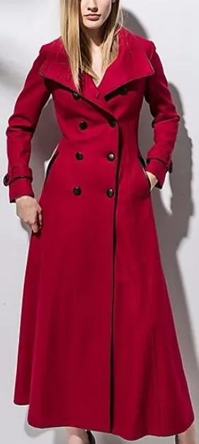 Long Double-Breasted Wool Coat in Red