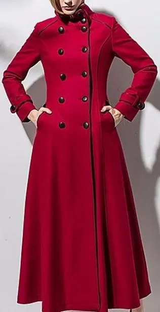 Long Double-Breasted Wool Coat in Red