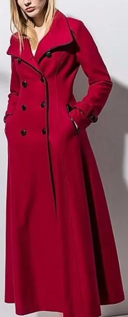 Long Double-Breasted Wool Coat in Red