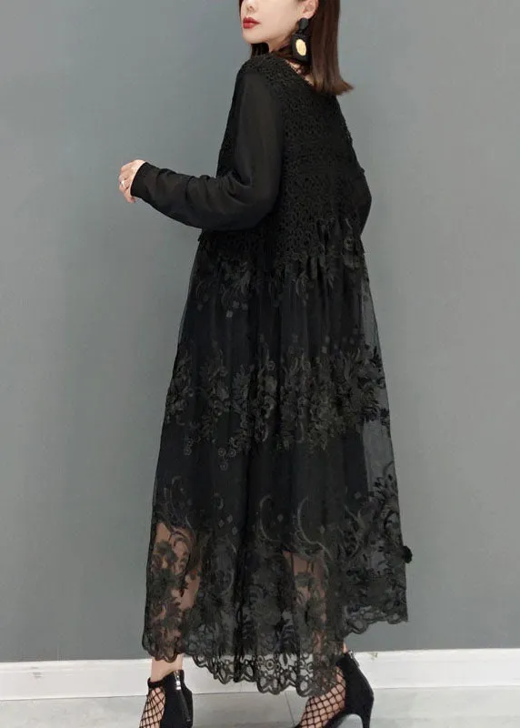 Loose Black O-Neck lace Vacation Dresses Long Sleeve