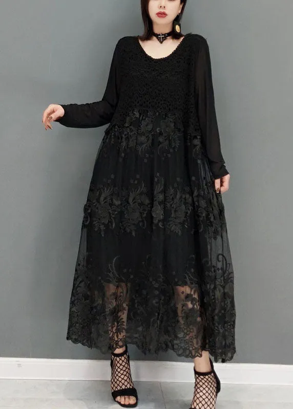 Loose Black O-Neck lace Vacation Dresses Long Sleeve