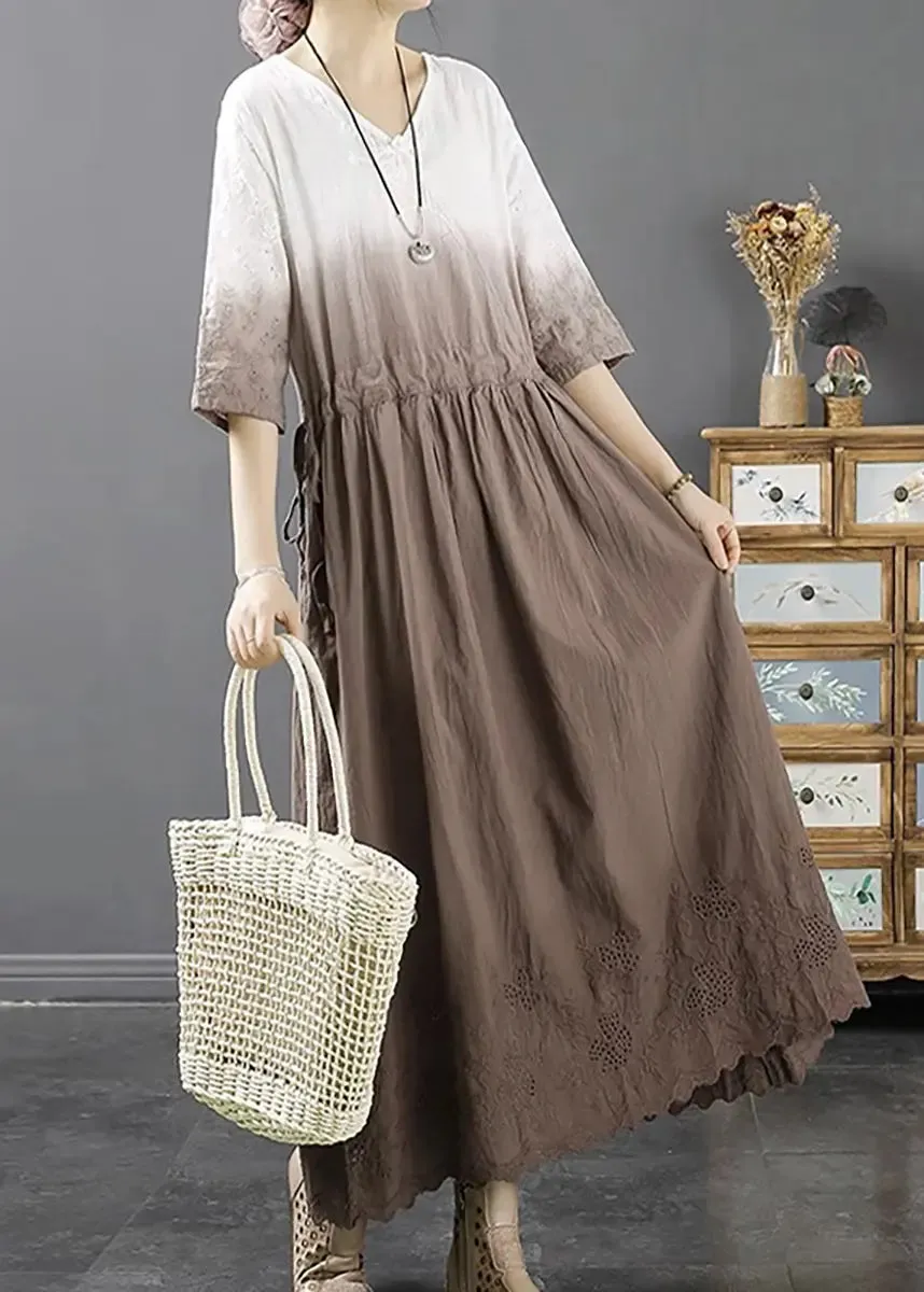 Loose Light Coffee Patchwork Drawstring Maxi Dresses Bracelet Sleeve ML0861