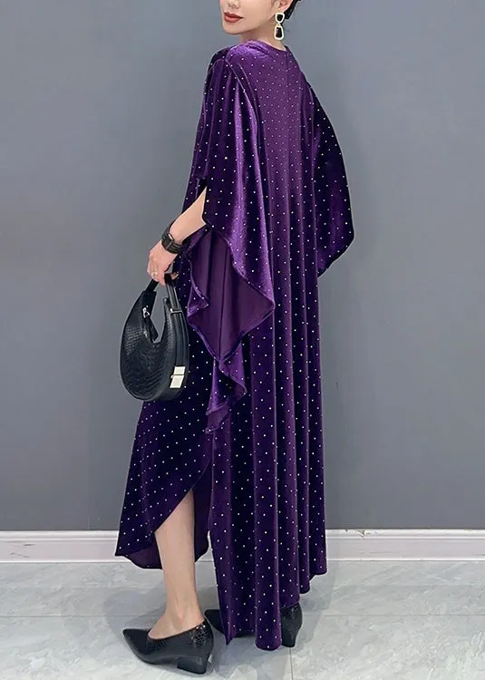 Loose Purple Asymmetrical Dot Patchwork Velour Long Dresses Fall ML1505