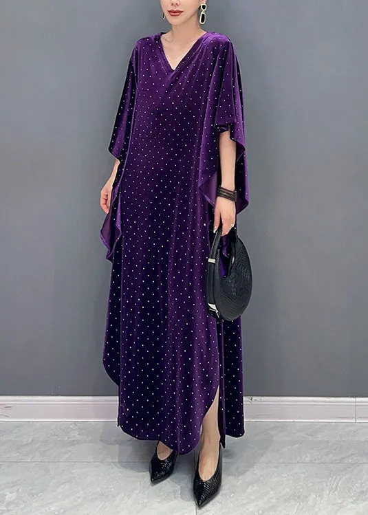 Loose Purple Asymmetrical Dot Patchwork Velour Long Dresses Fall ML1505