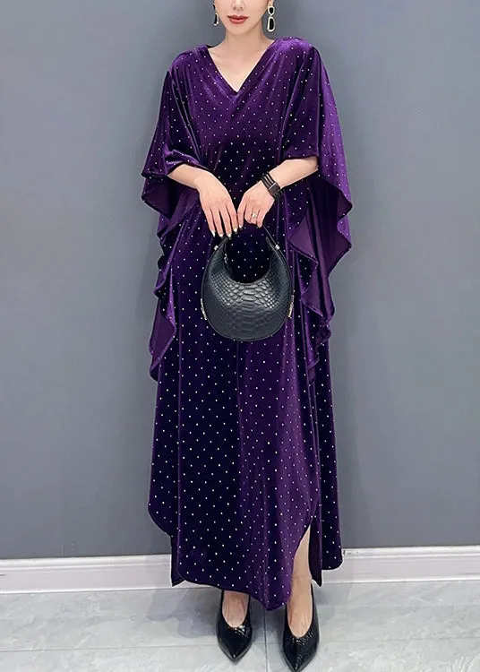 Loose Purple Asymmetrical Dot Patchwork Velour Long Dresses Fall ML1505