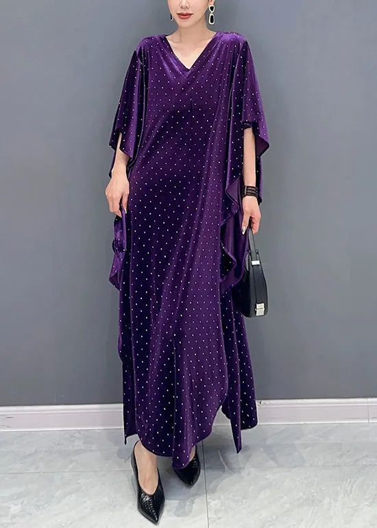 Loose Purple Asymmetrical Dot Patchwork Velour Long Dresses Fall ML1505