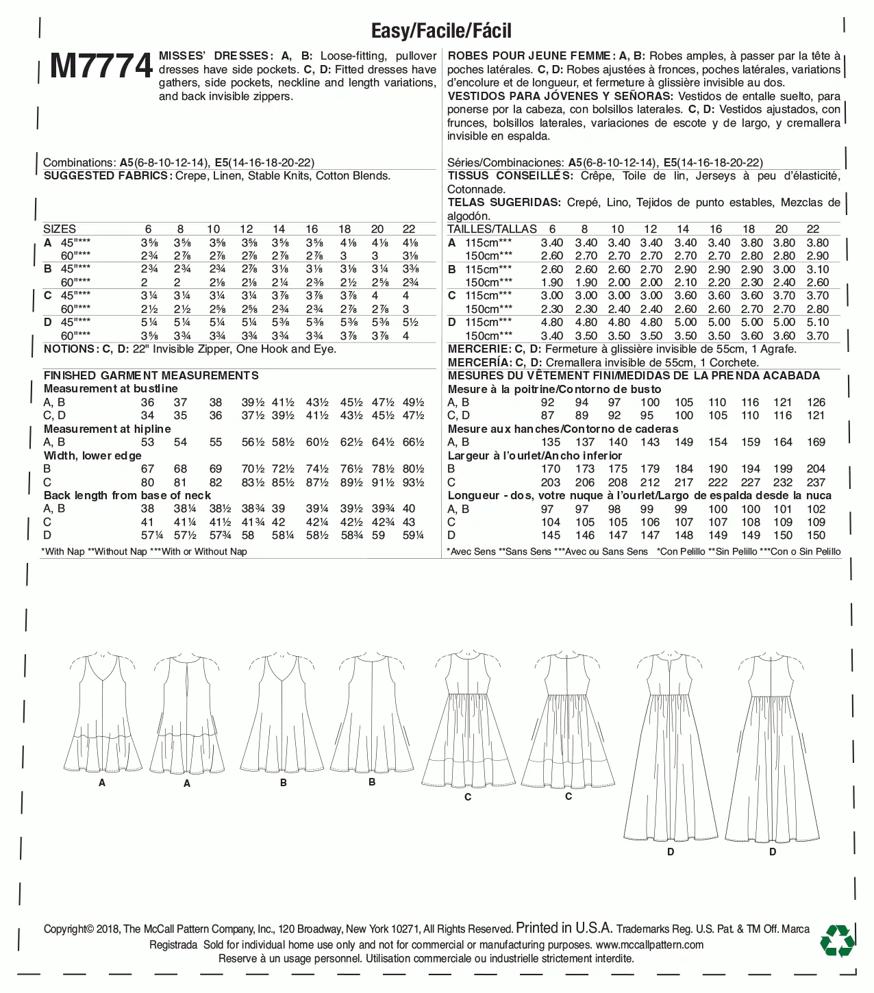 McCall's Pattern M7774 Misses' Dresses