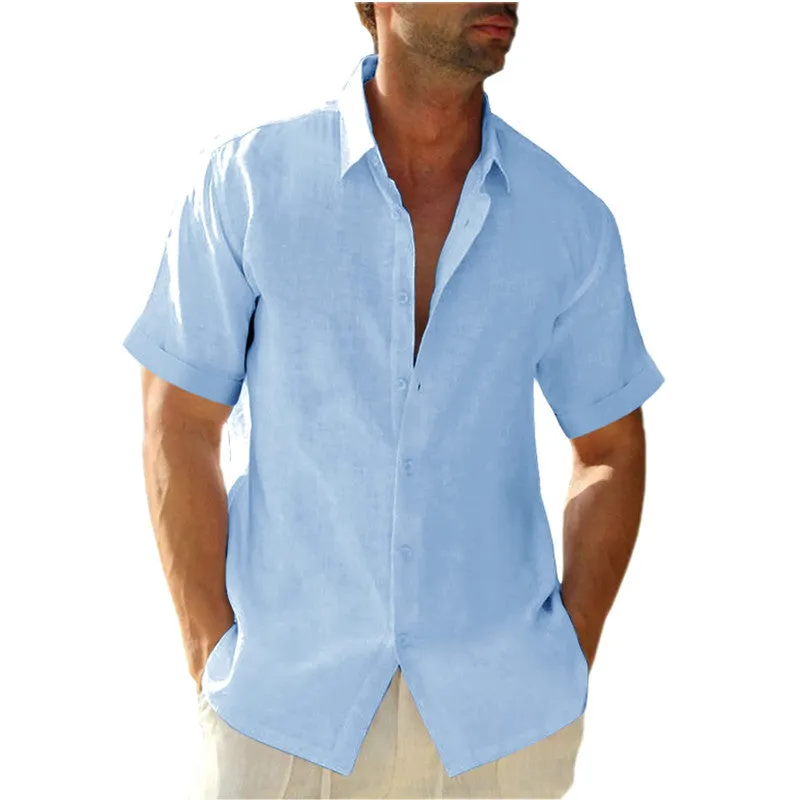 Men Linen Cotton Shirts Casual Short Sleeve Shirts