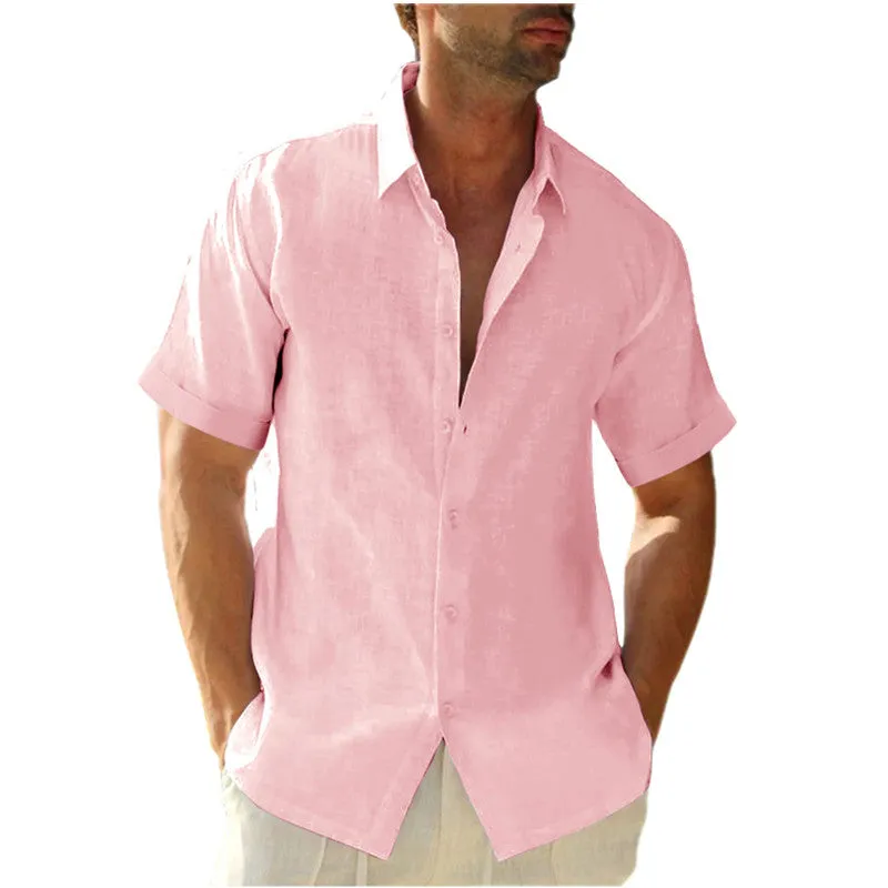 Men Linen Cotton Shirts Casual Short Sleeve Shirts