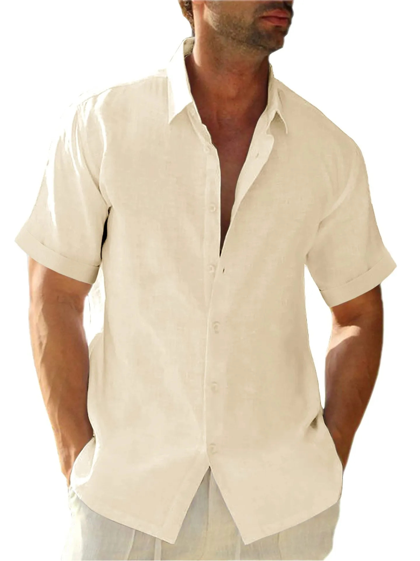 Men Linen Cotton Shirts Casual Short Sleeve Shirts