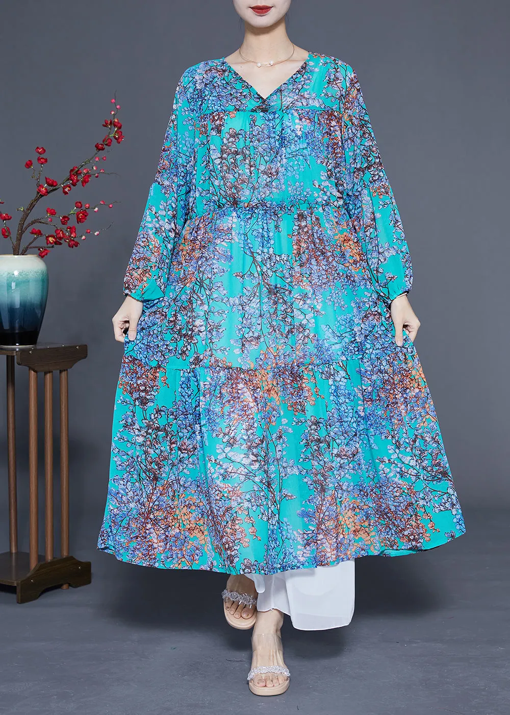 Modern Blue V Neck Patchwork Exra Large Hem Chiffon Long Dresses Spring LC0430