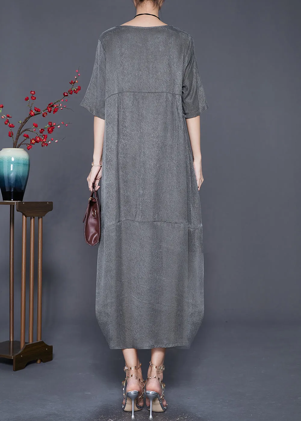 Modern Grey Asymmetrical Patchwork Silk Robe Dresses Summer LY7661