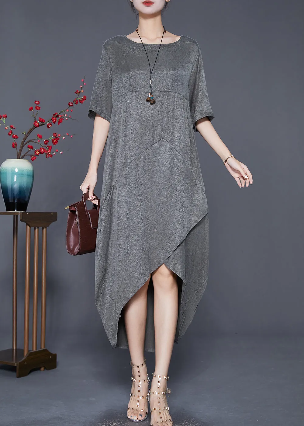 Modern Grey Asymmetrical Patchwork Silk Robe Dresses Summer LY7661