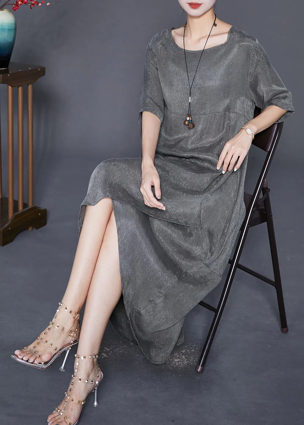 Modern Grey Asymmetrical Patchwork Silk Robe Dresses Summer LY7661