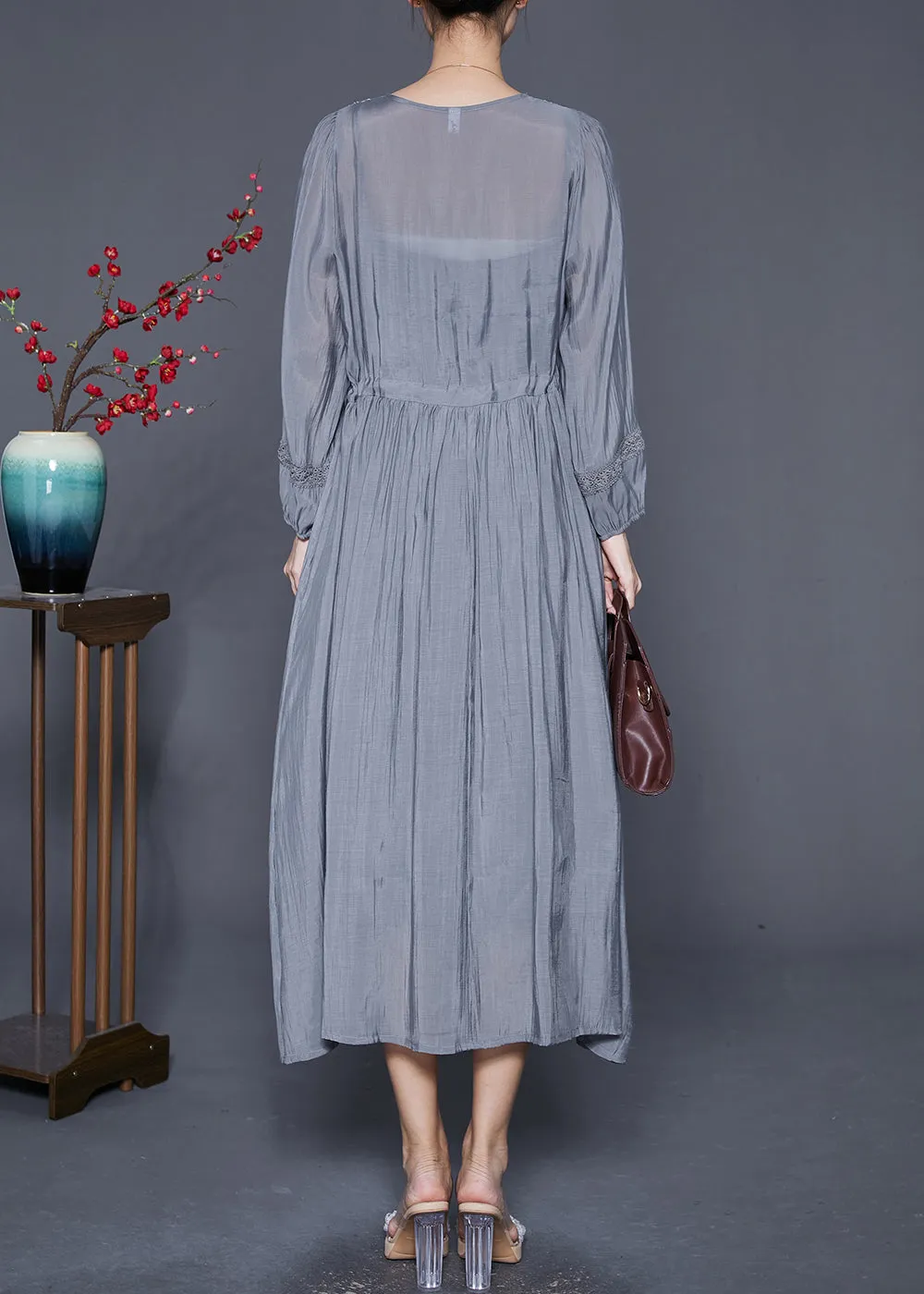 Natural Grey Embroideried Cinched Patchwork Cotton Dresses Summer LY6818