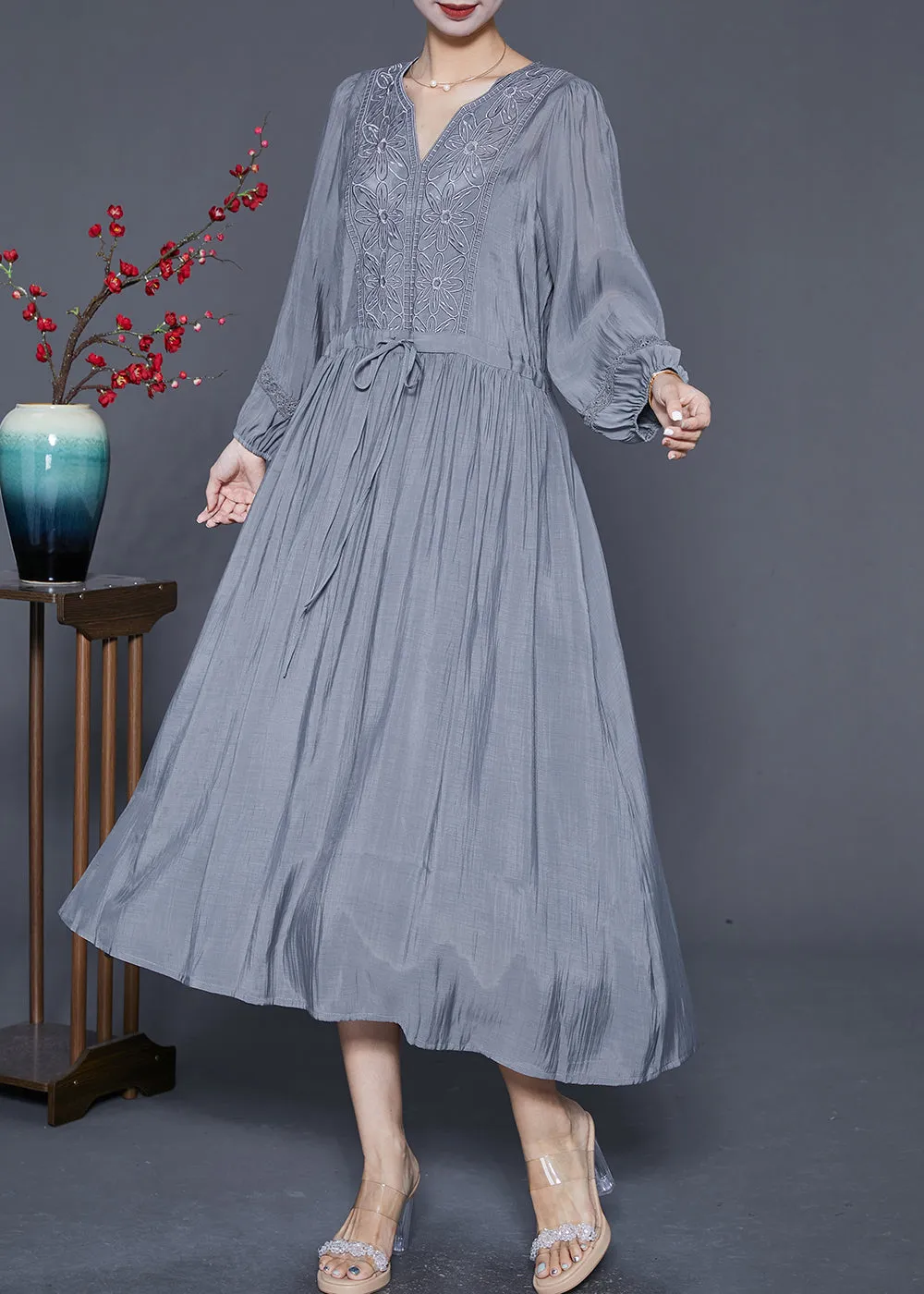 Natural Grey Embroideried Cinched Patchwork Cotton Dresses Summer LY6818