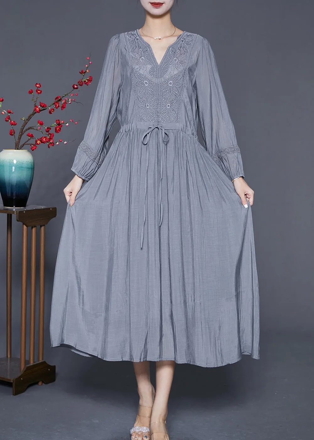 Natural Grey Embroideried Cinched Patchwork Cotton Dresses Summer LY6818