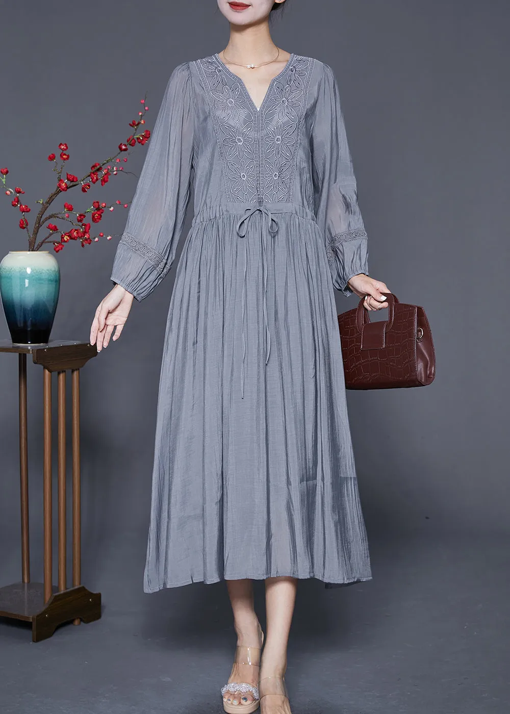 Natural Grey Embroideried Cinched Patchwork Cotton Dresses Summer LY6818