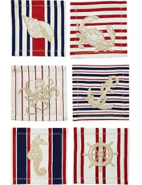 Nautical Motif Embroidered Cocktail Napkin Set