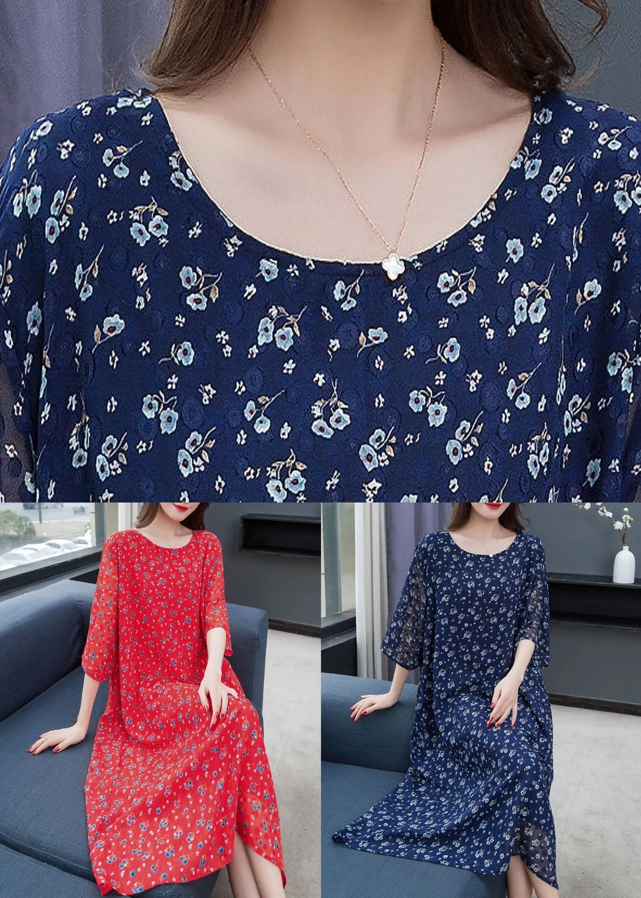 Navy Print Patchwork Loose Chiffon Dresses O Neck Summer LY7499