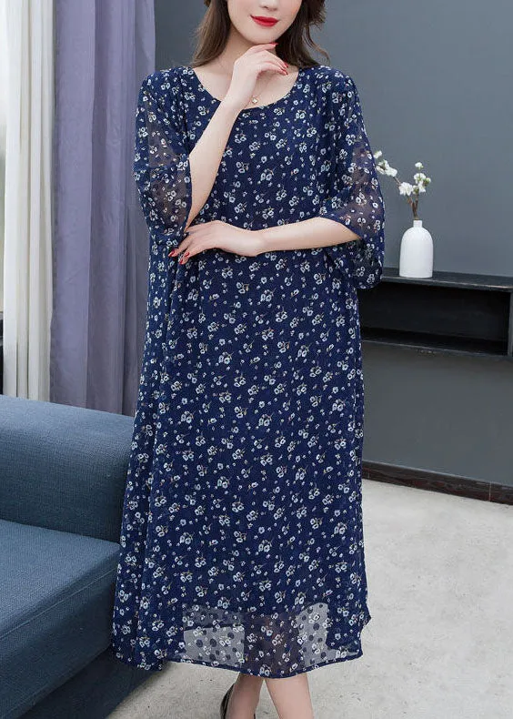 Navy Print Patchwork Loose Chiffon Dresses O Neck Summer LY7499