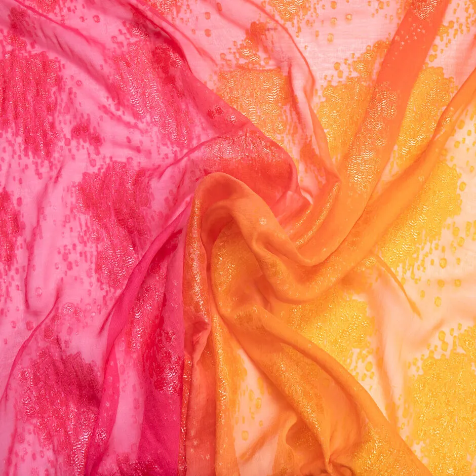 Orange & Pink Ombré Metallic Jacquard Silk Chiffon