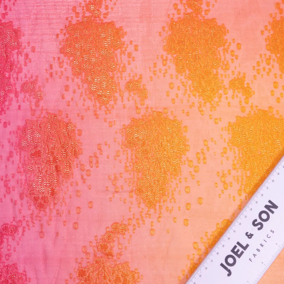 Orange & Pink Ombré Metallic Jacquard Silk Chiffon