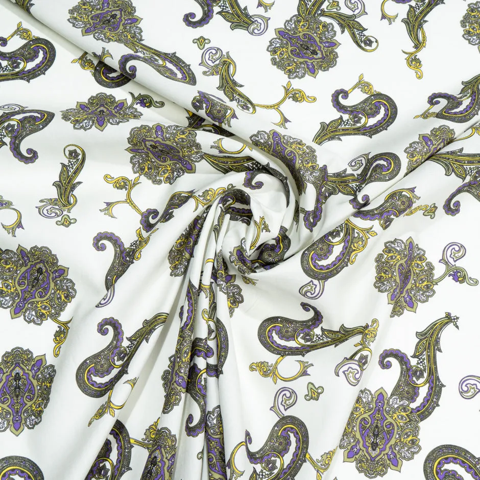 Purple & Yellow Paisley Printed White Luxury Cotton